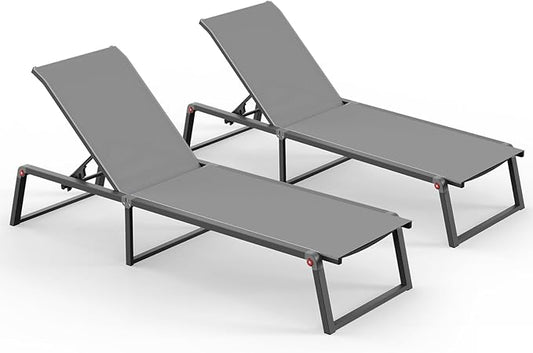 Aluminum Chaise Lounge Outdoor Set of 2, Foldable & No Assembly Patio Pool Lounge Chairs 5-Position Recliner for Outside Poolside, Fully Grounded Legs Sun Lounger for Beach, Dark Grey