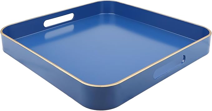 Omuriko Royal Blue Square Decorative Tray with Handles, 13"*13" Versatile Serving Tray for Coffee Table, Ottoman, Ideal for Serving, Displaying, Organizing