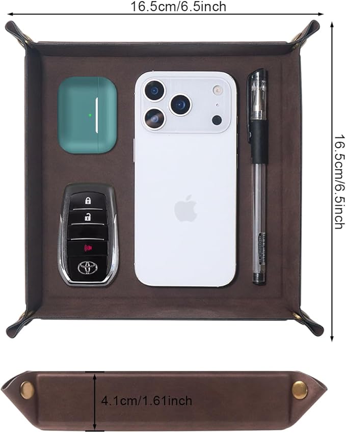 WAYIFON Valet Tray Desktop Storage Organizer – Premium PU Leather Catchall Bedside Vanity Tray Nightstand Caddy Holder for Remote Controller, Keys, Phone, Wallet, Coin, Jewelry,Brown