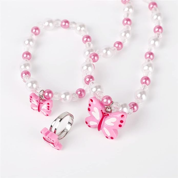 Butterfly Stretch Necklace Little Girl Toddler Necklace Bracelet Set, Little Princess Jewelry Kids Play Necklaces Butterfly Rings for Kids (B)