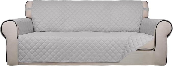 PureFit Reversible Quilted Sofa Cover, Water Resistant Slipcover Furniture Protector, Washable Couch Cover with Non Slip and Elastic Straps for Kids, Pets (Oversized Sofa, Light Gray/Light Gray)