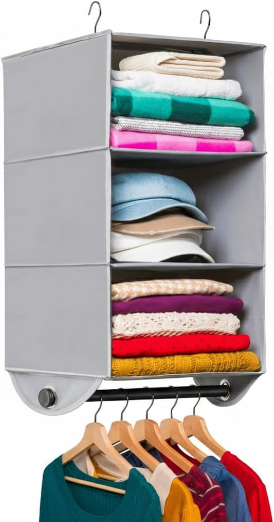 HOLDN’ STORAGE - 3 Shelf Hanging Closet Organizer with Metal Rod - Bamboo Inserted, Holds up to 24 pounds - 24” W x 12” D x 29.5”H - Perfect for College Dorms & RV Hanging Organizer