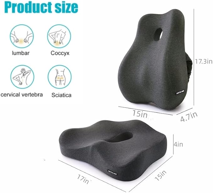 Seat Cushion and Lumbar Support Pillow Set, Sciatica Relieving Coccyx Cushion,hemorrhoid Cushion,Chair Back Support,Ergonomic Cushion&Pillow,Office Chair Cushions for Back and Butt(Dark Grey)