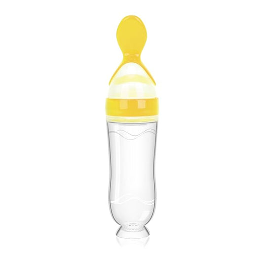 Baby Food Feeder Silicone Baby Food Dispensing Spoon-WAJIAYON, 3 oz Squeeze Feeding Spoons with Suction Cup for Boys Girl Kids Toddlers - Self Feeding Bottle Spoon -Yellow