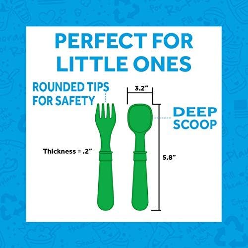 Re-Play Made in USA Toddler Forks and Spoons, Pack of 8 Without Carrying Case - 4 Kids Forks with Rounded Tips and 4 Deep Scoop Toddler Spoons - 0.2" Thick Toddler Utensils, Preschool