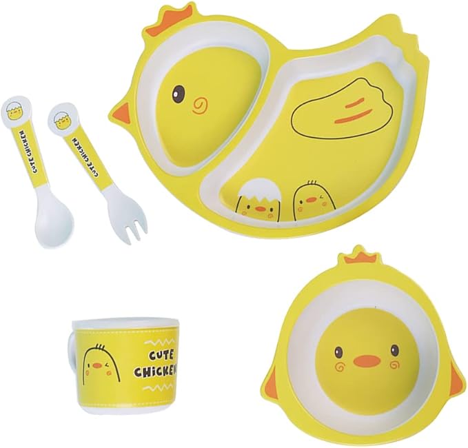 Bamboo Kids Dinnerware Set 5 Pcs Includes Plate Bowl Cup Fork Spoon Perfect for Kids BPA-Free (Chicken)