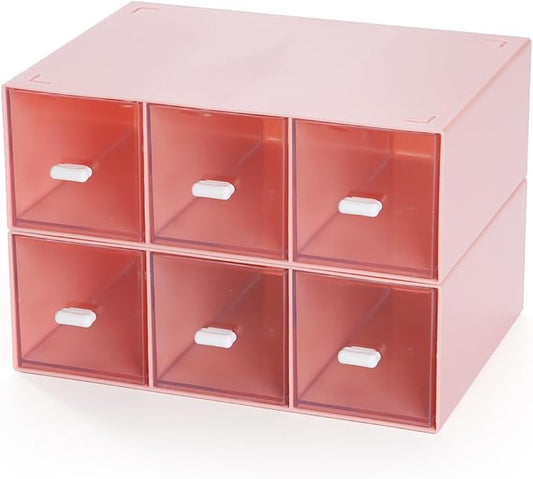 Desktop Drawers, Desk Organizer with 6 Drawers, Stackable Plastic Storage Box for Home Collection, Cosmetics, Jewelry, Office Supplies (2 Tall Layers, Pink)
