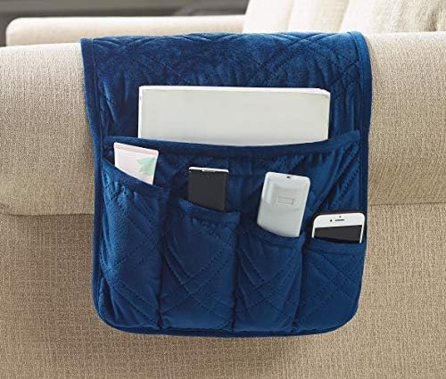 Brilliant Sunshine Blue Velvet Couch Sofa Armrest 5 Pockets Organizer, Slip Resistant Recliner Armchair Caddy, Washable Remote Controls Holder, Storage for Magazine, Tablet, Phone, 35×13", Dark Blue