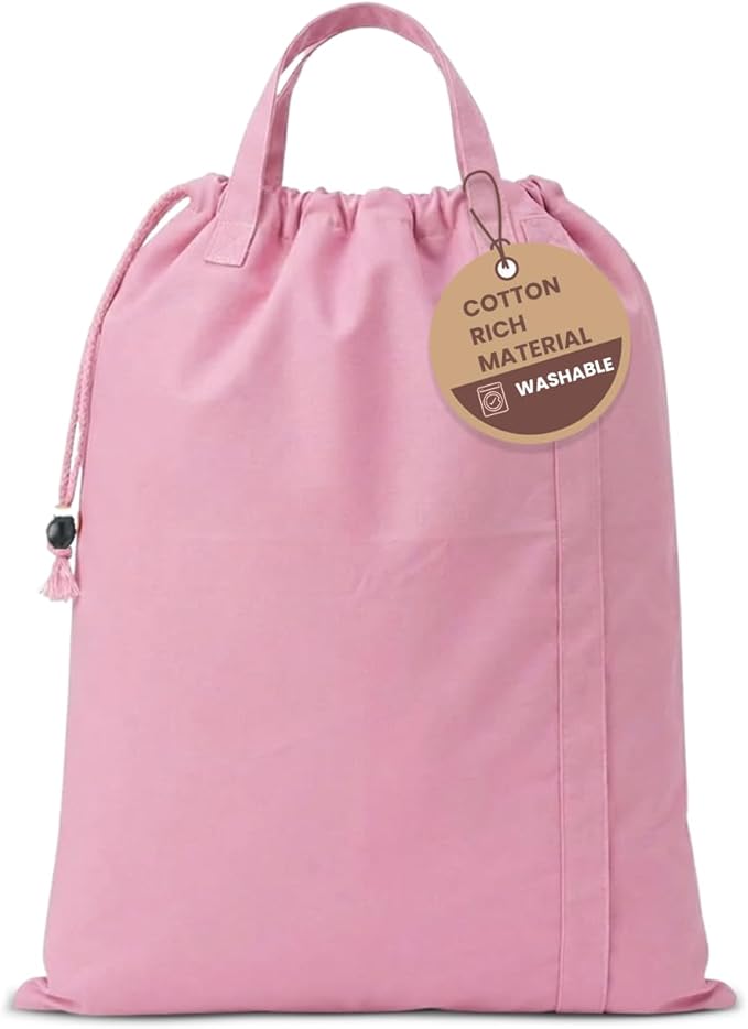 LFH Home Large Premium 1pack Cotton Canvas Laundry Bag with Drawstring and Handles Heavy Duty, Multi-Use, Washable for Home, Travel, College or Storage 28x36-Pink