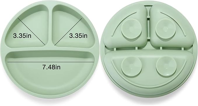 PandaEar Silicone Baby Feeding Set| 2 Pack Silicone Divided Suction Plate with 2 Pack Spoons | Baby Led Weaning Supplies Self Feeding Eating Utensils (Green/Grey)