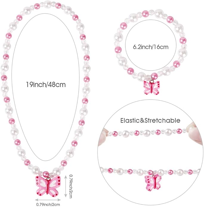 Butterfly Stretch Necklace Little Girl Toddler Necklace Bracelet Set, Little Princess Jewelry Kids Play Necklaces Butterfly Rings for Kids (B)