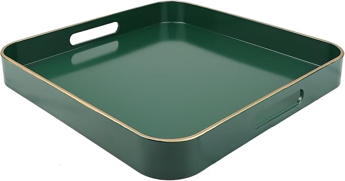 Omuriko Green Square Decorative Tray with Handles, 13"*13" Versatile Serving Tray for Coffee Table, Ottoman, Ideal for Serving, Displaying, Organizing