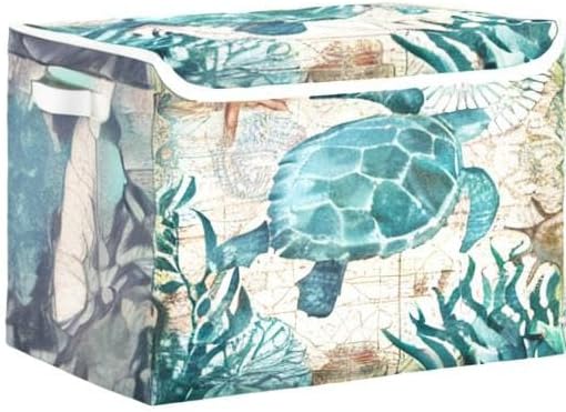 senya Large Storage Bins with Linen Collapsible Foldable Storage Cubes Fabric Closet Organizer Containers box with Flip-Top Lid for Home Bedroom Office 16.7 x 12.6 x 11.8in (Sea Turtle)