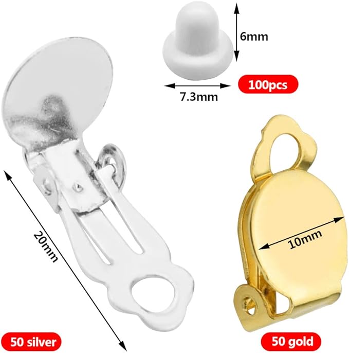 200 Pieces Round Flat Backs and Findings Set Including 100pcs Round Flat Back Tray Earring Clips + 100pcs Clip-on Earring Findings Pad Base for DIY Earring Making Jewelry