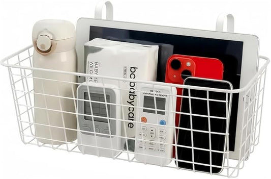 Bedside Hanging Wire Basket for Storage Bedside Caddy Hanging Organizer Bunk Bed Bedside Shelf Holder Pocket for College Dorm Room Baby Bed Rails (White/Large)