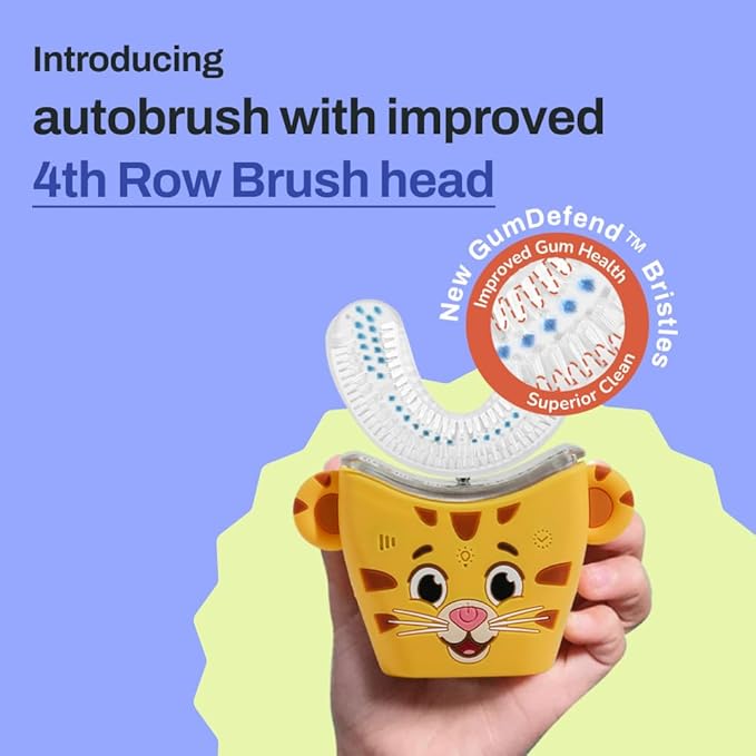 autobrush Kids U Shaped Electric Toothbrush, ADA Accepted, Sonic Pro with Unique 360° Nylon Bristles 3 Cleaning Modes,Whitening LED-Lights,Plays Music (Double-Sided),Ages 6-8, Daniel Tiger