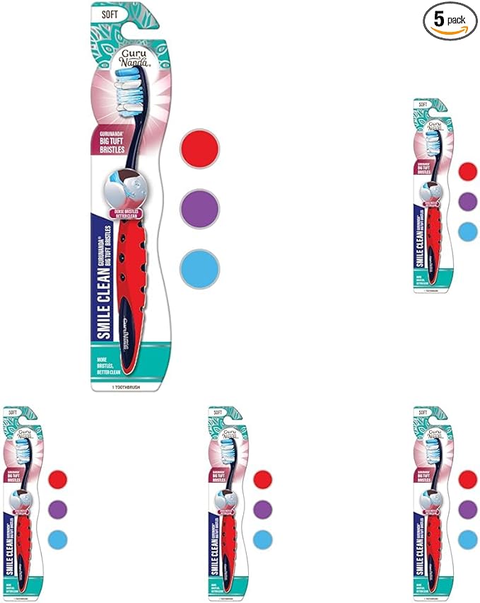 GuruNanda Smile Clean Toothbrush - Big Soft Bristles - Helps Clean Plaque, Whitens Teeth, and Aids in Fresh Breath – BPA-Free Brush for Adults & Kids - 1 Count (Pack of 5)