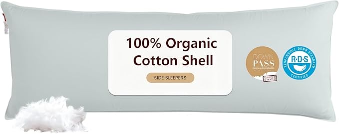 Goose Down Body Pillows for Adults, Large Body Pillow for Side Sleeper, Hugging Feather Body Pillow Insert, Cooling Full Length Long Pillow for Bed with 100% Organic Cotton Shell, 20"x72" Baby Blue