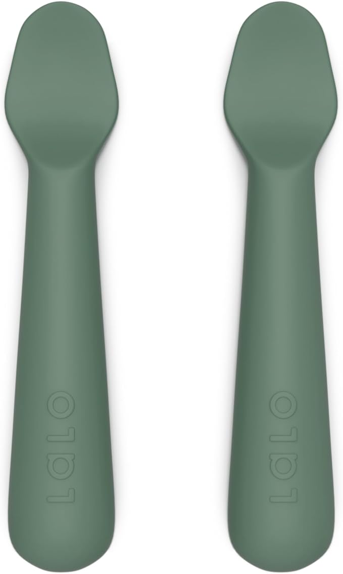 Lalo Little Spoon Set - 2 Piece Baby Spoons Set for Infants & Babies - Made From Food Grade Silicone Dishwasher Safe - Baby Feeding Essentials for Early Stage Mealtime - Olive