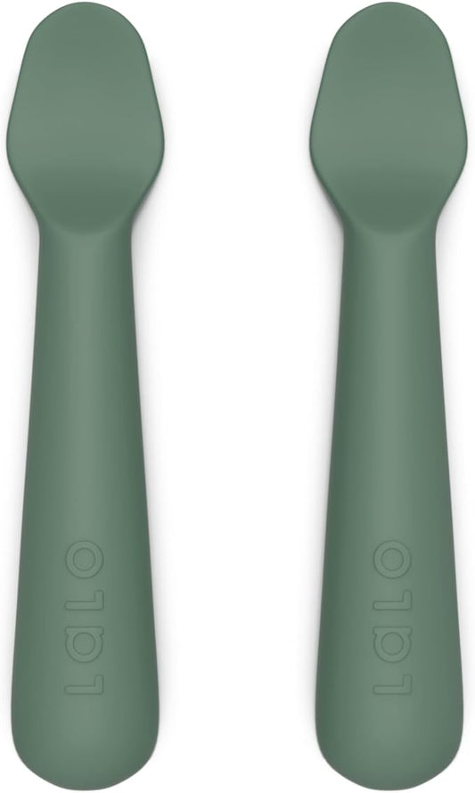 Lalo Little Spoon Set - 2 Piece Baby Spoons Set for Infants & Babies - Made From Food Grade Silicone Dishwasher Safe - Baby Feeding Essentials for Early Stage Mealtime - Olive