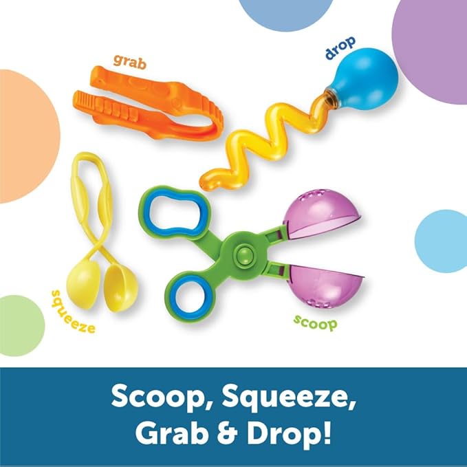 Learning Resources Helping Hands Fine Motor Tool Set Toy - 4 Pieces, Ages 3+ Fine Motor and Sensory Play Toys, Toddler Tweezers, Sensory Bin Toys