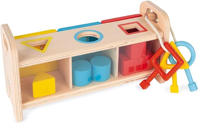 Janod Shape Sorter Box with Keys – Wooden Sorting Toy with Geometric Shapes – Ages 18+ Months- J05065