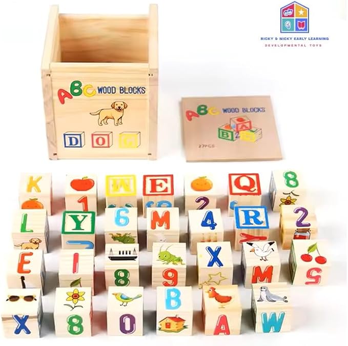 Ricky & Nicky Early Learning ABC/123/Shapes/Patterns 1-Inch Blocks Set With Storage Wooden Box (26 pcs) - Letters And Numbers/ABC Classic Wooden Blocks For Toddlers And Kids Ages 3+