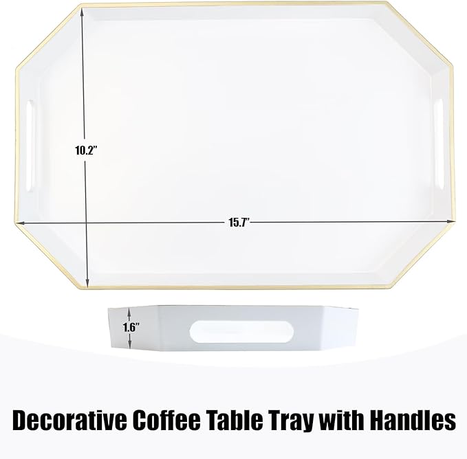 Omuriko White Decorative Tray with Handles, Octagon Versatile Serving Tray for Coffee Table, Ottoman, Ideal for Serving, Displaying, Organizing