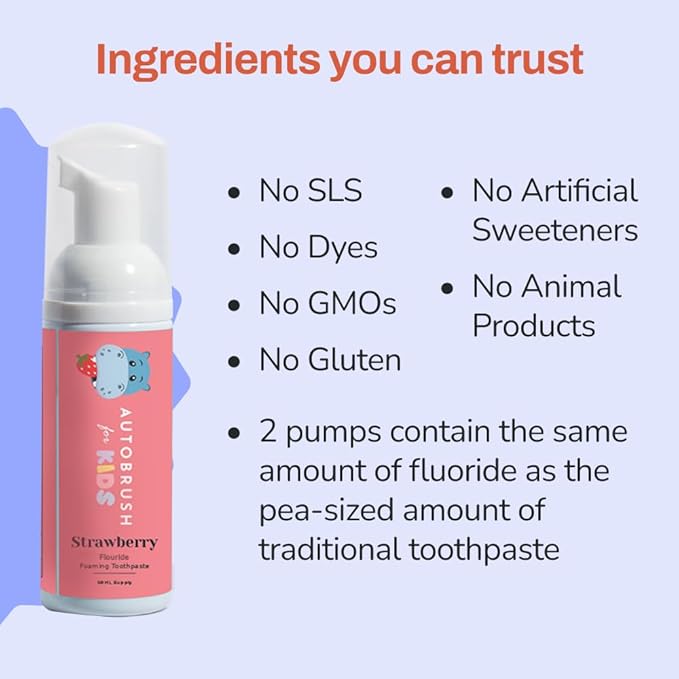 autobrush Kids Fluoride-Free Foaming Toothpaste Strawberry Flavor for Electric or U-Shaped Toothbrush, SLS-Free, Training Toothpaste, Anti-Cavity (1 Pack)