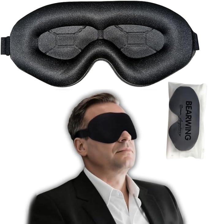 BEARWING 100% Light Blocking Sleep Mask with Storage Bag, Only 0.73oz Light Comfortable 3D Contoured Memory Foam, Blink Freely Eye Masks for Sleep, Travel, Nap, for Men Women Side Sleeper, Black