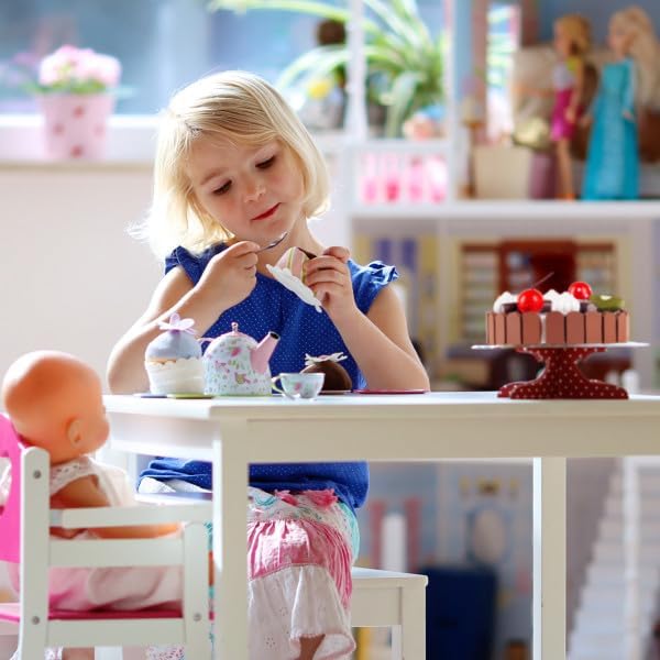 Hey! Play! Birthday Cake-Kids Wooden Magnetic Dessert with Cutting Knife, Fruit Toppings, Chocolate and Vanilla Swirls-Fun Pretend Play Party Food