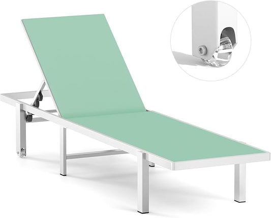 Ciokea Aluminum Chaise Lounge Chair Outdoor with Wheels, Patio Lounge Chair with Adjustable 5-Position Recliner and Full Flat Tanning Chair for Patio, Beach, Pool, Light Green