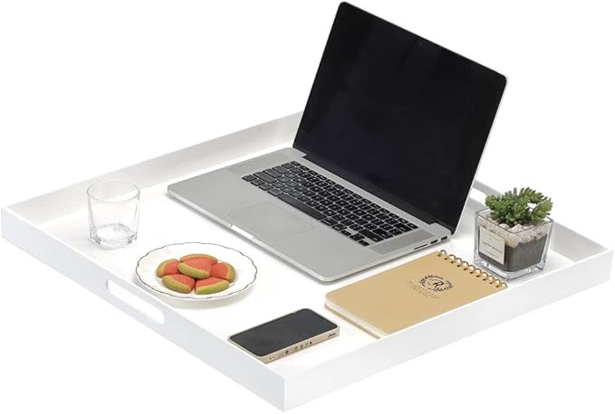 BEYLANG Glossy White Sturdy Acrylic Serving Tray with Handles-24x24Inch-Serving Coffee,Appetizer,Breakfast,Butler-Kitchen Countertop Tray-Makeup Drawer Organizer-Vanity Table,Ottoman Tray-Decorative