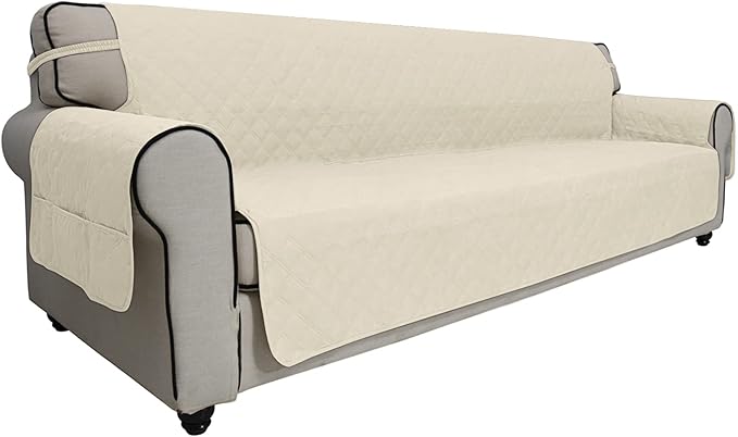 Easy-Going Sofa Slipcover Waterproof Sofa Cover Couch Cover for 4 Cushion Couch with Elastic Straps Washable Non-Slip Furniture Protector Cover for Pets, Dogs, Cat (XX-Large, Ivory)