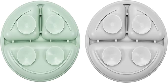 PandaEar Silicone Baby Feeding Set| 2 Pack Silicone Divided Suction Plate with 2 Pack Spoons | Baby Led Weaning Supplies Self Feeding Eating Utensils (Green/Grey)