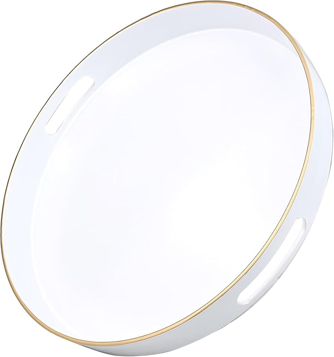 Omuriko White Round Decorative Tray with Handles, 13" Versatile Serving Tray for Coffee Table, Ottoman, Ideal for Serving, Displaying, Organizing
