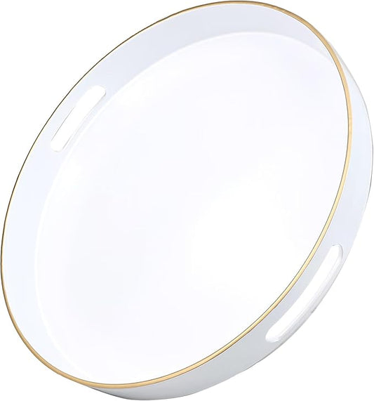 Omuriko White Round Decorative Tray with Handles, 13" Versatile Serving Tray for Coffee Table, Ottoman, Ideal for Serving, Displaying, Organizing