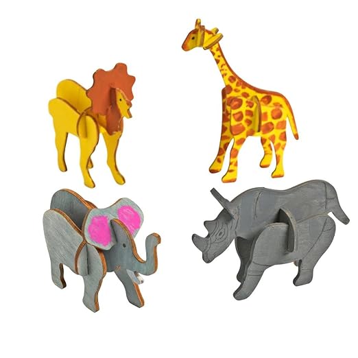 Colorations 3D Wooden Jungle Puzzles for Kids, Build & Decorate Your Own Jungle Animals, Craft Kit Comes with Watercolor Paint & Brushes, Kids Craft Set with Paints, Kids Crafts
