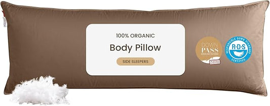 Goose Down Body Pillows for Adults, Large Body Pillow for Side Sleeper, Hugging Feather Body Pillow Insert, Cooling Full Length Long Pillow for Bed with 100% Organic Cotton Shell, (Chocolate 20"x72")