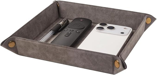 WAYIFON Valet Tray Desktop Storage Organizer – Premium PU Leather Catchall Bedside Vanity Tray Nightstand Caddy Holder for Remote Controller, Keys, Phone, Wallet, Coin, Jewelry,Grey