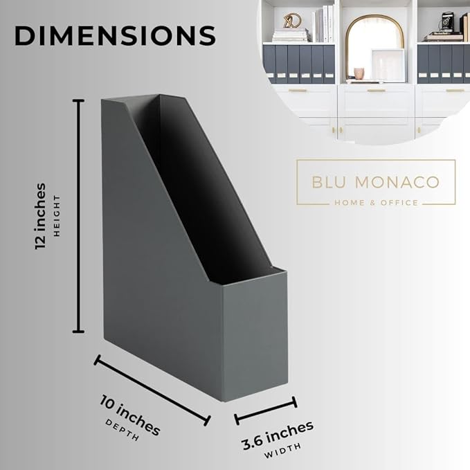 BLU MONACO | Set of 6 Foldable Grey Magazine File Holders with Gold Label Holders | Vertical File Organizer Boxes for Desk, Bookshelf & Home Office Storage