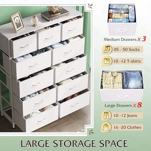 WLIVE Storage Organizer Unit with 11 Fabric Bins, Storage Drawers Organizer with Steel Frame, Tall Storage Tower Organizaton for Living Room, Hallway, Office, White