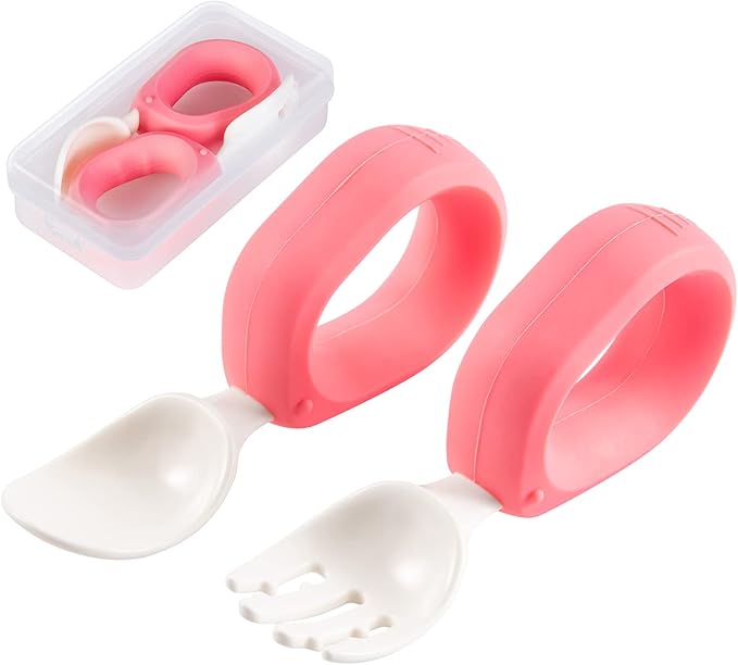 Baby Self Feeding Training Spoon and Fork Set with Travel Case, BPA-Free Cute Circle Toddler Training Utensils, Silicone/ABS Great Tableware Set Spoons Fork for Kids(Pink)