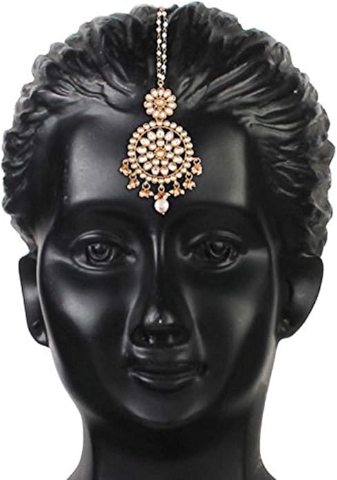 Aheli Ethnic Faux Kundan Drop Pearl Beads Dangle Earrings Maang Tikka Set Bollyood Fashion Jewelry for Women & Girls