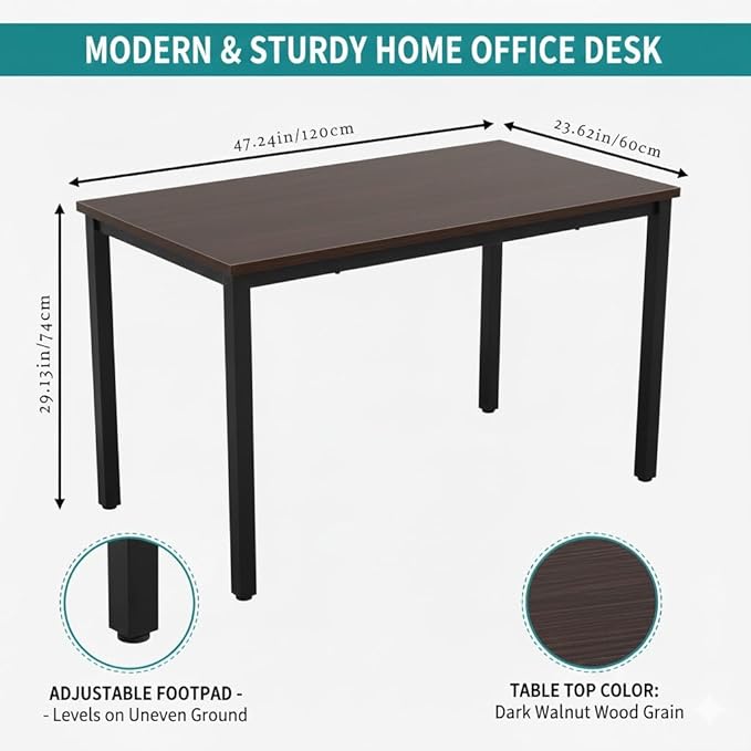 GL GLOBAL LIFE 47 inch Large Computer Desk Wood, Modern Simple Style Desk for Home Office, Bedroom, Study Student Writing Desk, Small Spaces, Black Metal Frame, Dark Walnut Top