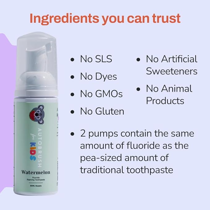 autobrush Kids Fluoride-Free Foaming Toothpaste Watermelon Flavor for Electric or U-Shaped Toothbrush, SLS-Free, Training Toothpaste, Anti-Cavity (1 Pack)