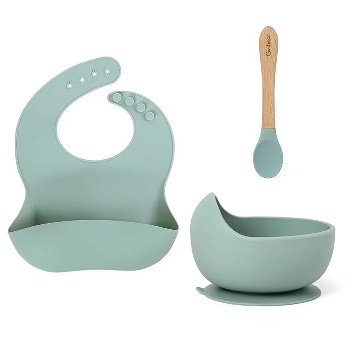 Ginbear Baby Bowls with Suction, Silicone Bibs, Baby Spoons, Baby Led Weaning Supplies, Toddler Feeding Set for Ages 6 Months+ (Hazy Green)