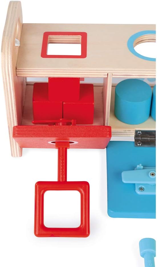Janod Shape Sorter Box with Keys – Wooden Sorting Toy with Geometric Shapes – Ages 18+ Months- J05065