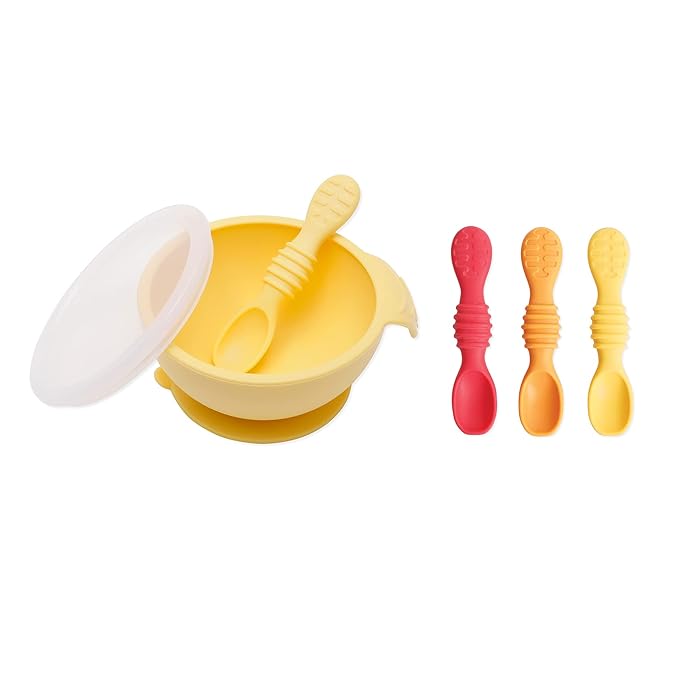 Bumkins Baby Bowl, Silicone Feeding Set with Suction for Baby and Toddler, Includes 4 Spoons and Lid, First Feeding Set, Training Essentials for Baby Led Weaning for Babies 4 Months Up, Pineapple