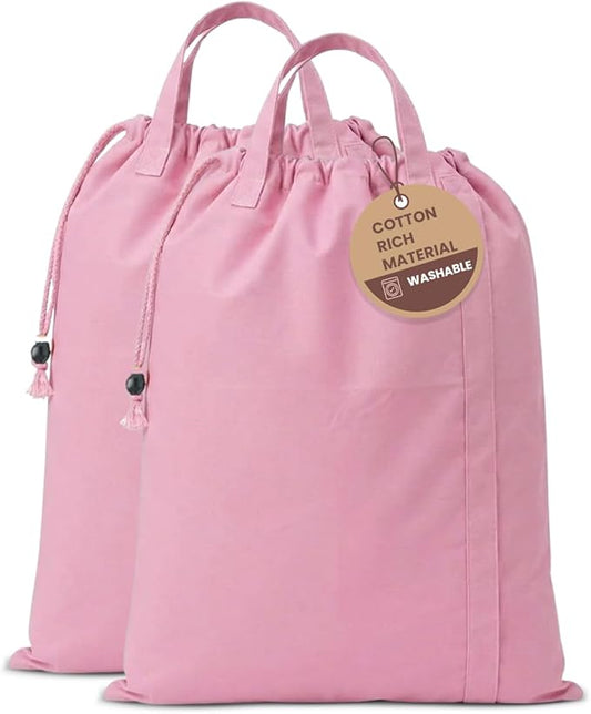 LFH Home Large Premium Cotton Canvas Laundry Bag with Drawstring and Handles Heavy Duty, Multi-Use, Washable for Home, Travel, College or Storage 20x30 (Pack of 2)-Pink